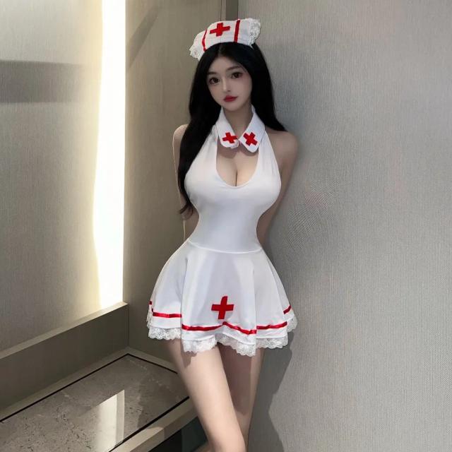 Cosplay y tá kèm nón khoét ngực nóng bỏng sexy váy ngủ xòe cột nơ hở lưng tặng chip gợi cảm dễ thương N354