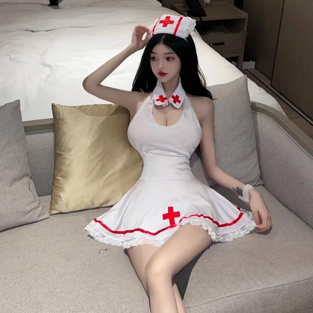 Cosplay y tá kèm nón khoét ngực nóng bỏng sexy váy ngủ xòe cột nơ hở lưng tặng chip gợi cảm dễ thương N354
