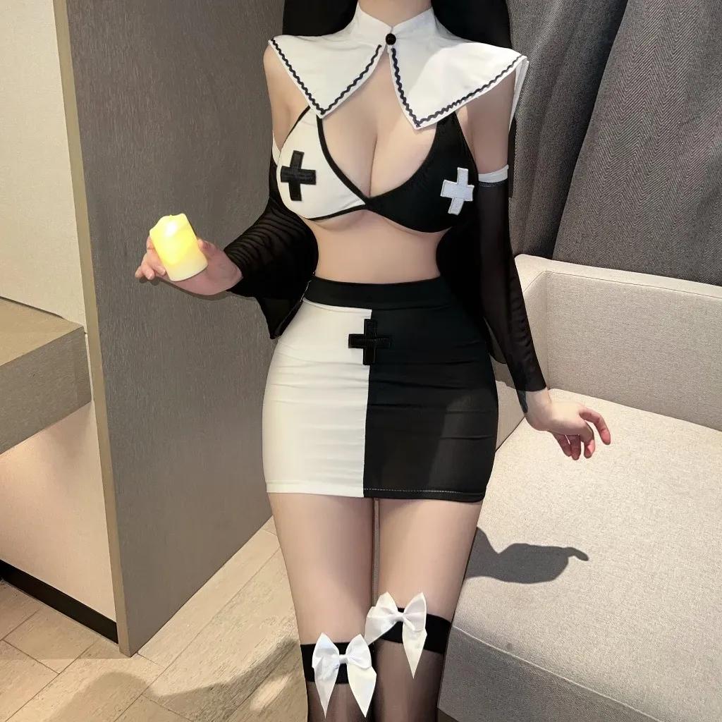 Cosplay nữ tu sĩ ôm body tôn dáng xẻ ngực gợi cảm set ngủ hóa trang ma sơ valak halloween cao cấp quyến rũ N897