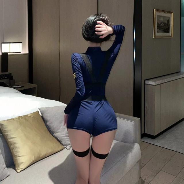 Cosplay nữ cảnh sát police xanh dài tay quyến rũ bodysuit set ngủ liền thân tiếp viên ôm dáng gợi cảm N707
