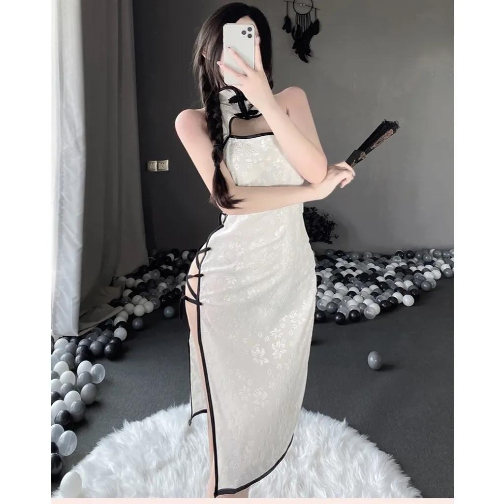 Váy sườn xám đan dây hông sexy nhung họa tiết hoa mềm mịn gợi cảm đồ ngủ cosplay cổ trang xẻ tà quyến rũ N785