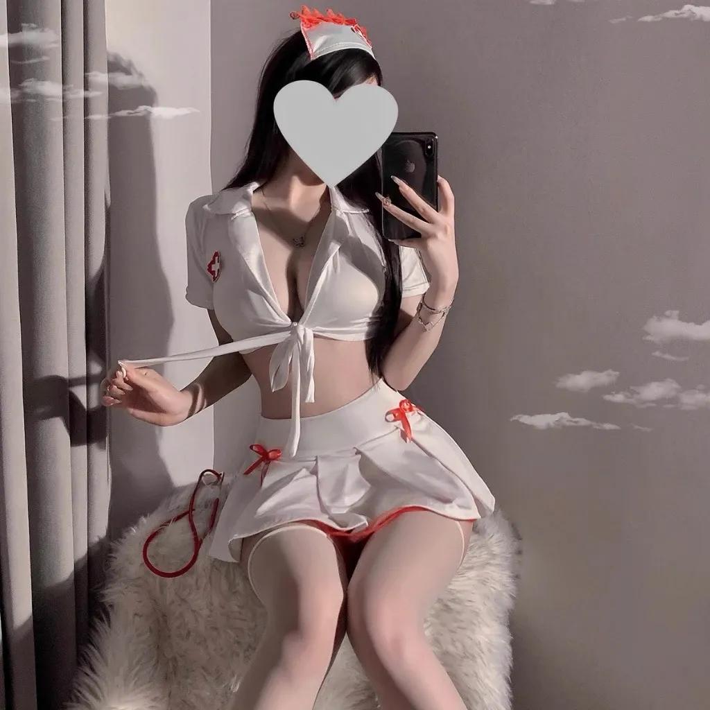 Bộ đồ hóa trang nữ y tá xẻ ngực gợi cảm dễ thương set ngủ cosplay bác sĩ dáng xòe viền ren xinh quyến rũ N751