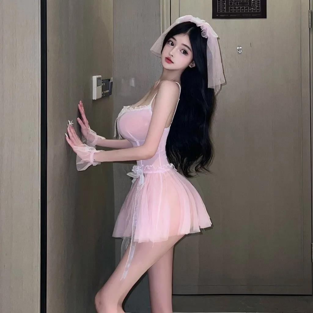 Đồ cosplay sexy cô dâu kèm lúp voan siêu xinh đáng yêu váy cưới tiểu thư ren xếp ly gợi cảm quyến rũ N749