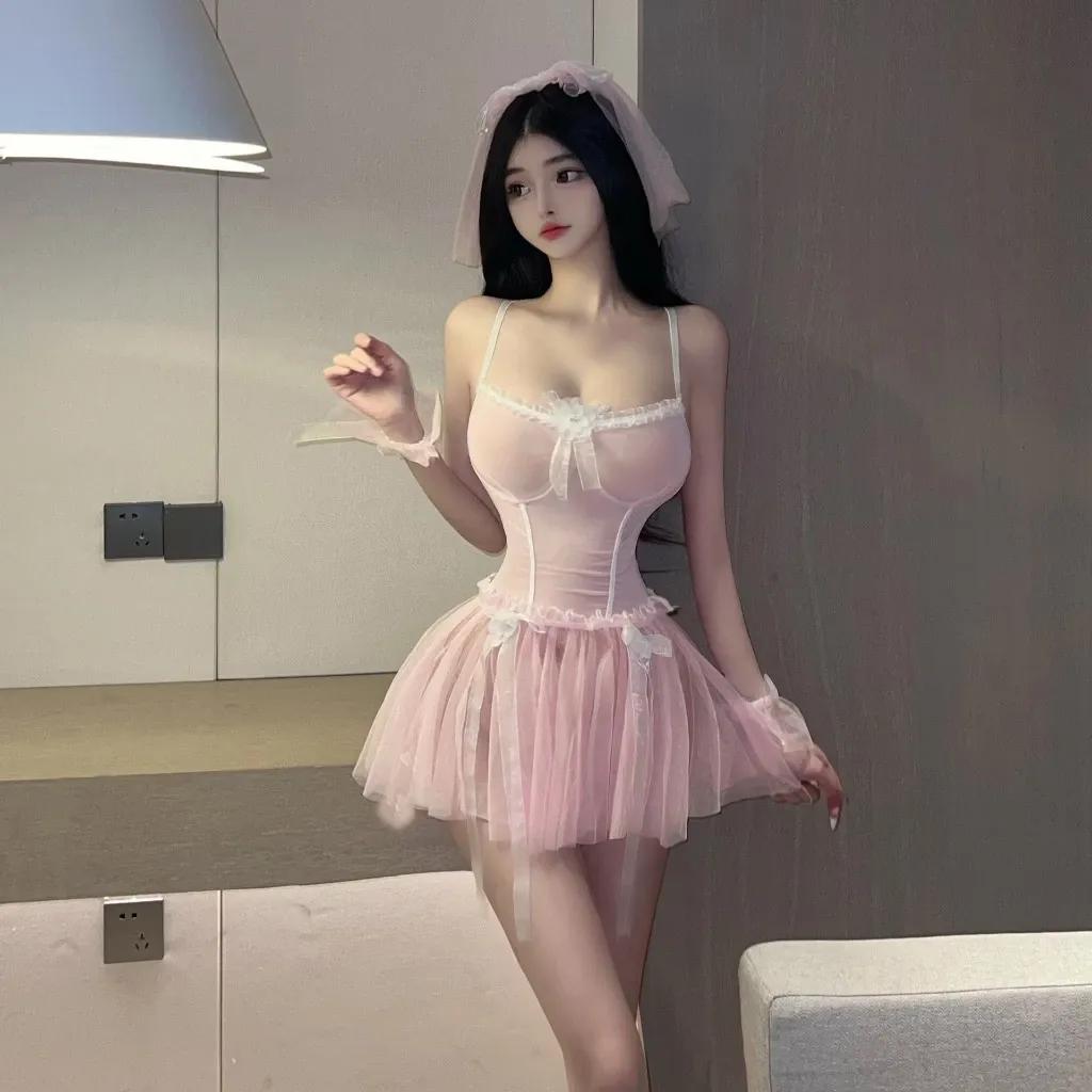 Đồ cosplay sexy cô dâu kèm lúp voan siêu xinh đáng yêu váy cưới tiểu thư ren xếp ly gợi cảm quyến rũ N749