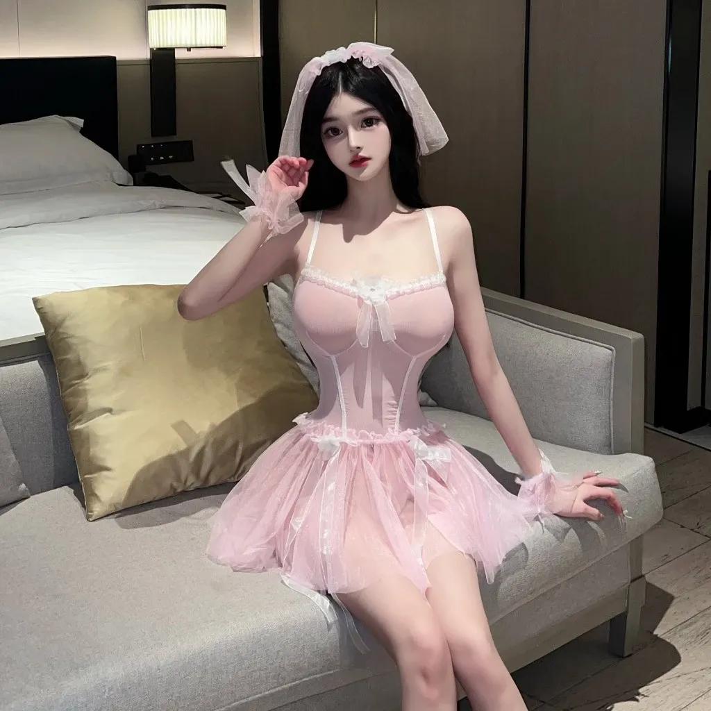 Đồ cosplay sexy cô dâu kèm lúp voan siêu xinh đáng yêu váy cưới tiểu thư ren xếp ly gợi cảm quyến rũ N749