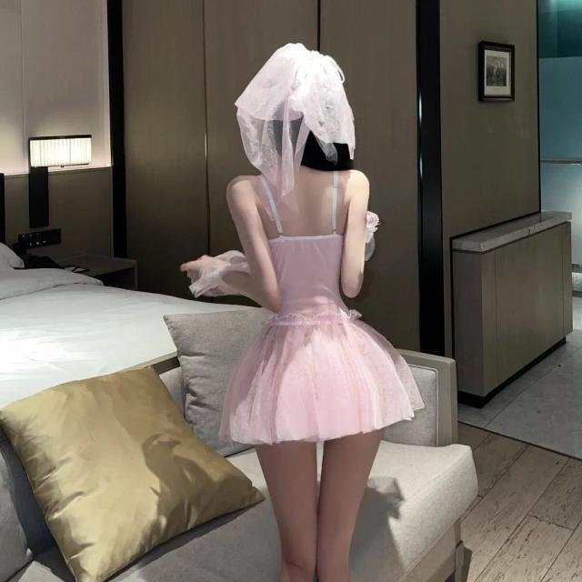 Đồ cosplay sexy cô dâu kèm lúp voan siêu xinh đáng yêu váy cưới tiểu thư ren xếp ly gợi cảm quyến rũ N749