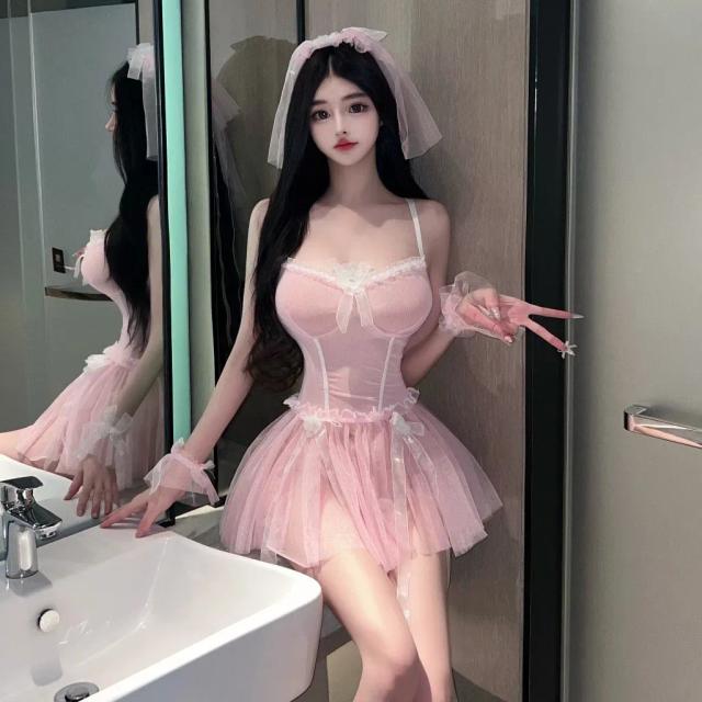 Đồ cosplay sexy cô dâu kèm lúp voan siêu xinh đáng yêu váy cưới tiểu thư ren xếp ly gợi cảm quyến rũ N749