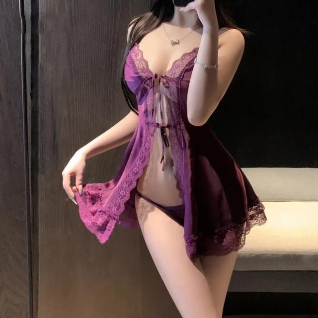 Váy ngủ lụa hai dây xẻ tà kèm chip quyến rũ cuốn hút đầm ngủ sexy phối ren cột dây V1 gợi cảm tinh tế N288
