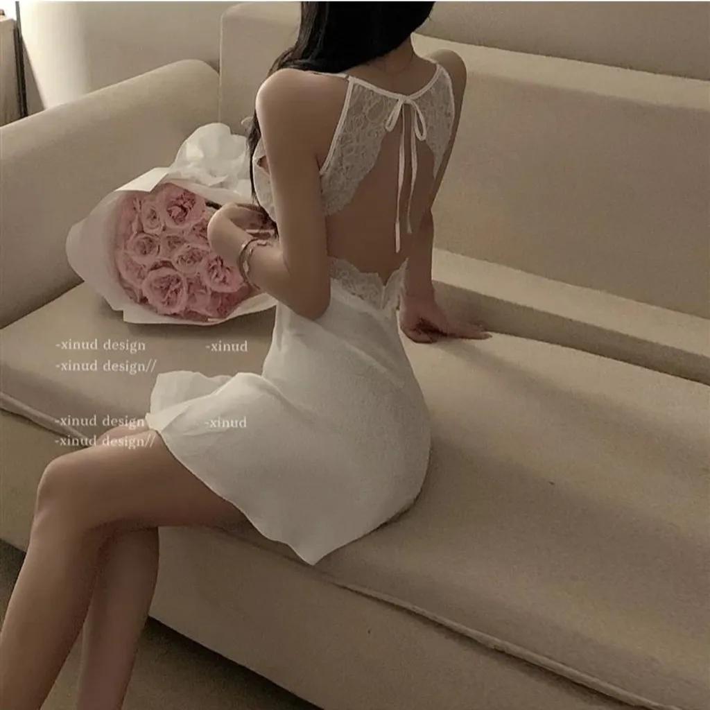 Váy ngủ sexy phối ren hở lưng dáng suông siêu xinh gợi cảm đầm ngủ lụa mặc nhà xẻ V1 quyến rũ tinh tế N282