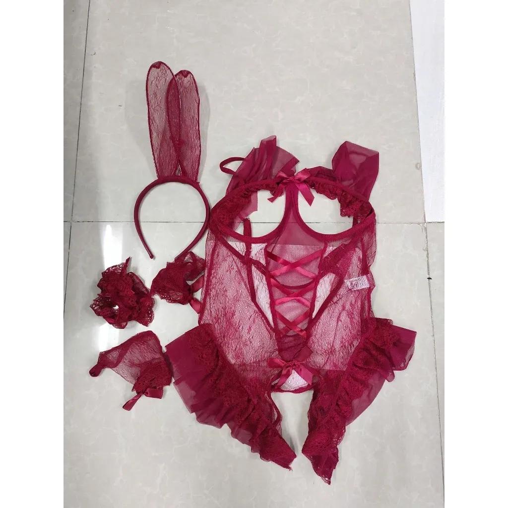 Cosplay thỏ bông trắng có đuôi hở ngực siêu xinh gợi cảm bodysuit liền thân ren bèo xẻ đáy dễ thương quyến rũ N330