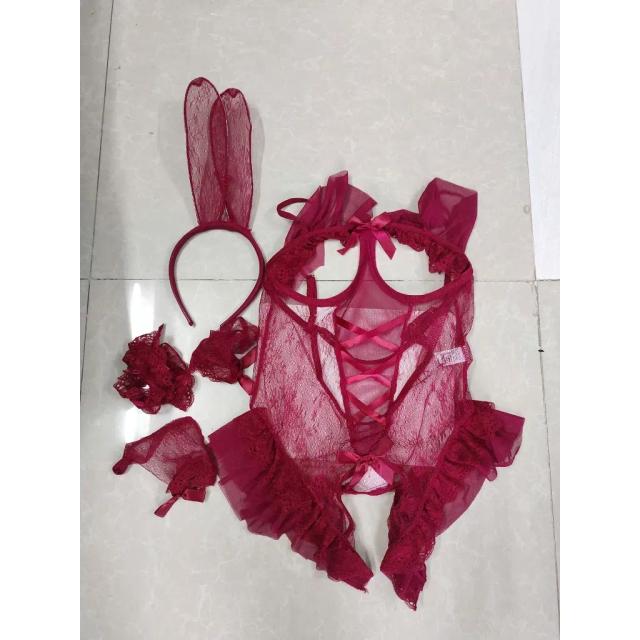 Cosplay thỏ bông trắng có đuôi hở ngực siêu xinh gợi cảm bodysuit liền thân ren bèo xẻ đáy dễ thương quyến rũ N330