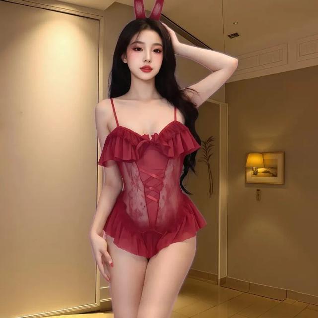 Cosplay thỏ bông trắng có đuôi hở ngực siêu xinh gợi cảm bodysuit liền thân ren bèo xẻ đáy dễ thương quyến rũ N330