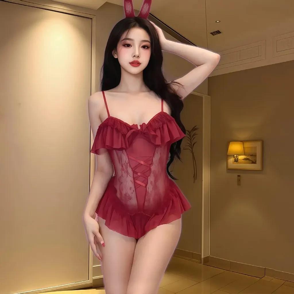 Cosplay thỏ bông trắng có đuôi hở ngực siêu xinh gợi cảm bodysuit liền thân ren bèo xẻ đáy dễ thương quyến rũ N330