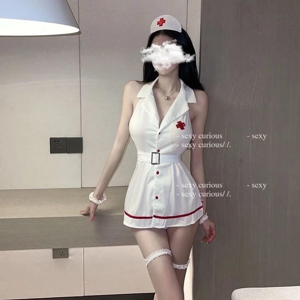Váy ngủ cosplay y tá có đai nịt lưng gợi cảm đáng yêu đầm sơ mi nữ bác sĩ hở lưng quyến rũ dễ thương N750