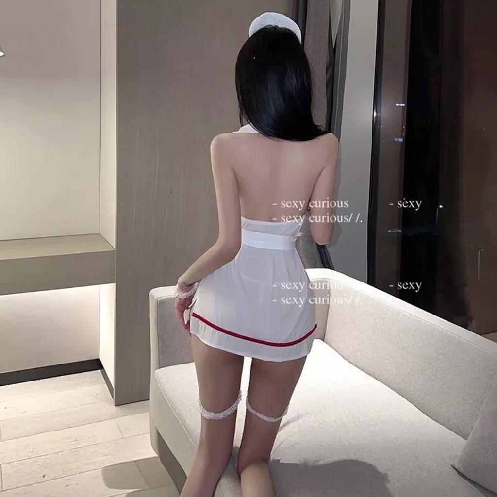 Váy ngủ cosplay y tá có đai nịt lưng gợi cảm đáng yêu đầm sơ mi nữ bác sĩ hở lưng quyến rũ dễ thương N750