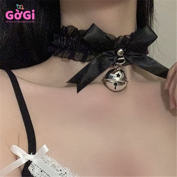 Vòng đeo cổ thắt nơ có chuông 2 màu trắng đen